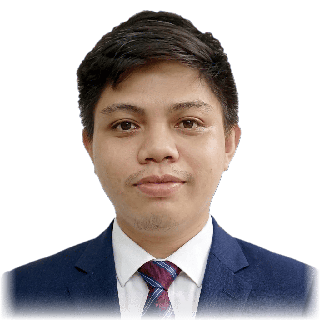 Portrait of Mark Daniel Avila in a navy suit, white shirt, and striped tie.